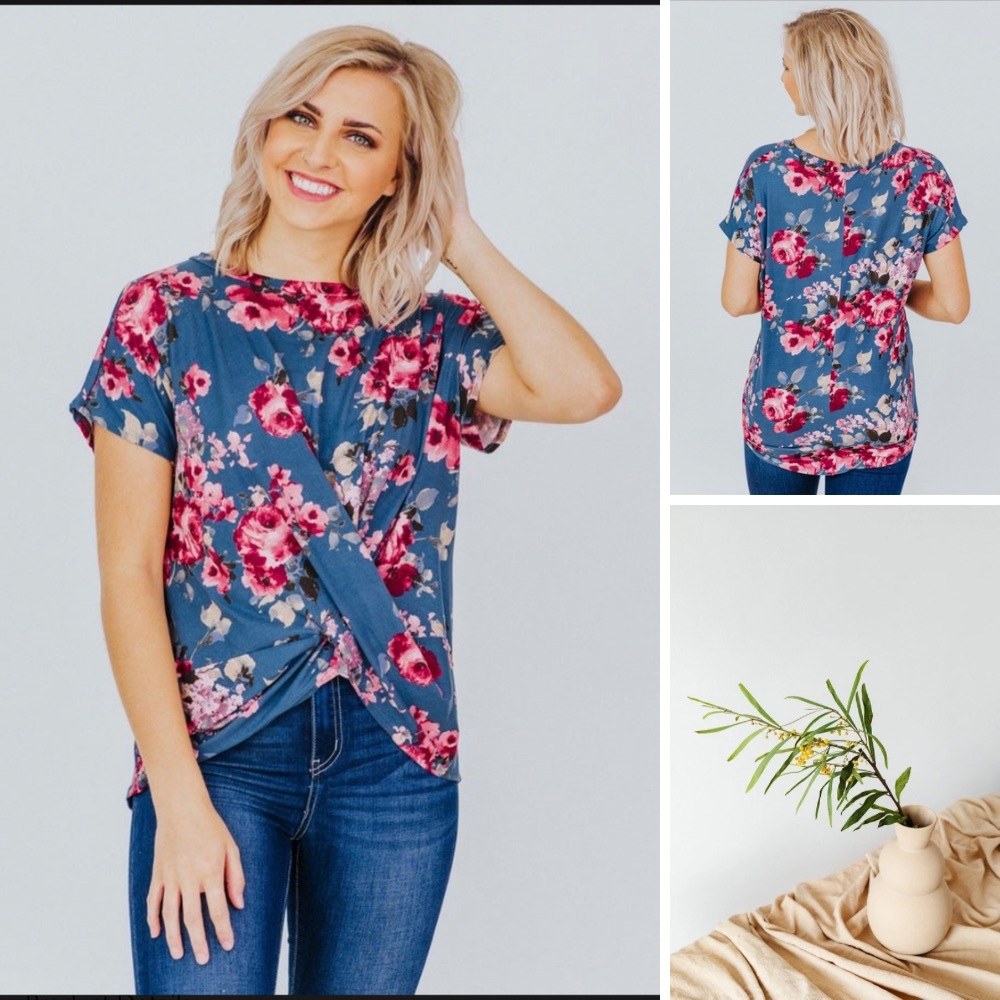 Floral Tee in Denim Blue - Size XL